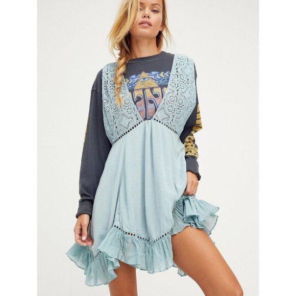 Free People Free-est Freya Mini Dress Floral Crochet Lace Ruffle Blue S 260838 - Picture 1 of 6